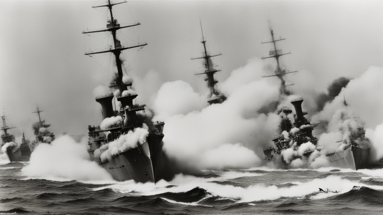 Historic Battleships Firing at Sea in Black and White