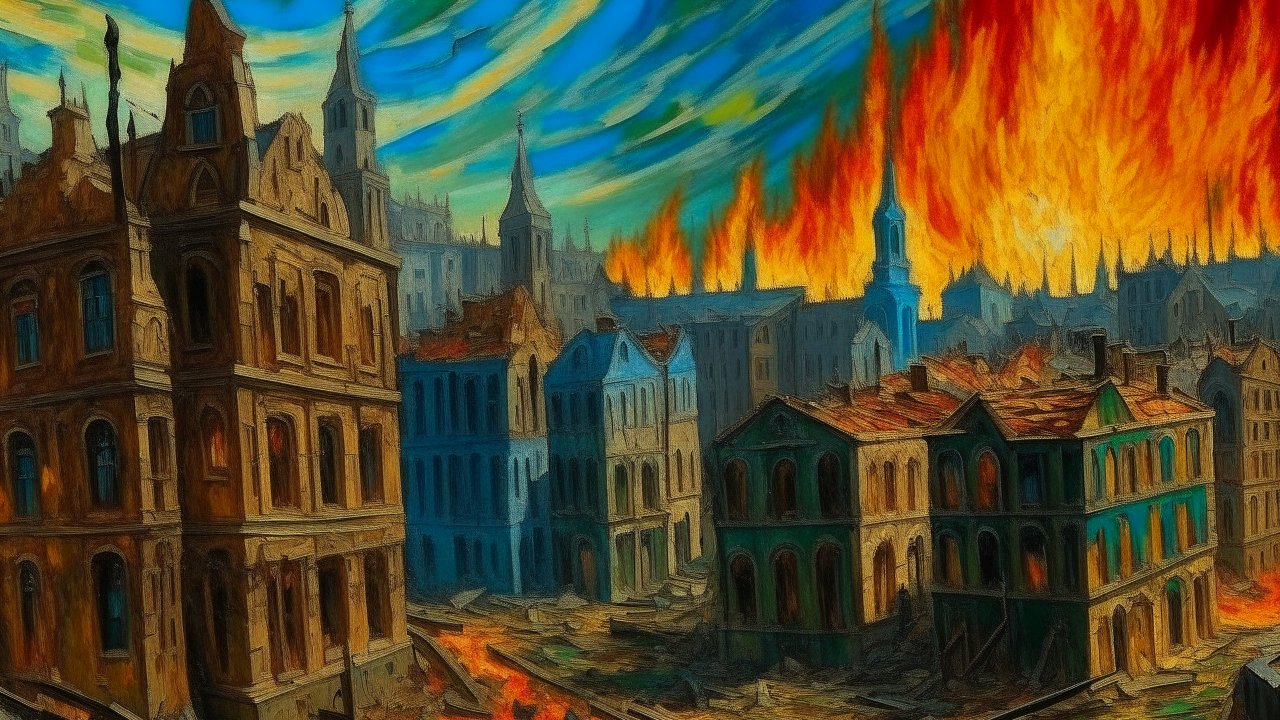 Historic City Engulfed in Flames with Dramatic Sky