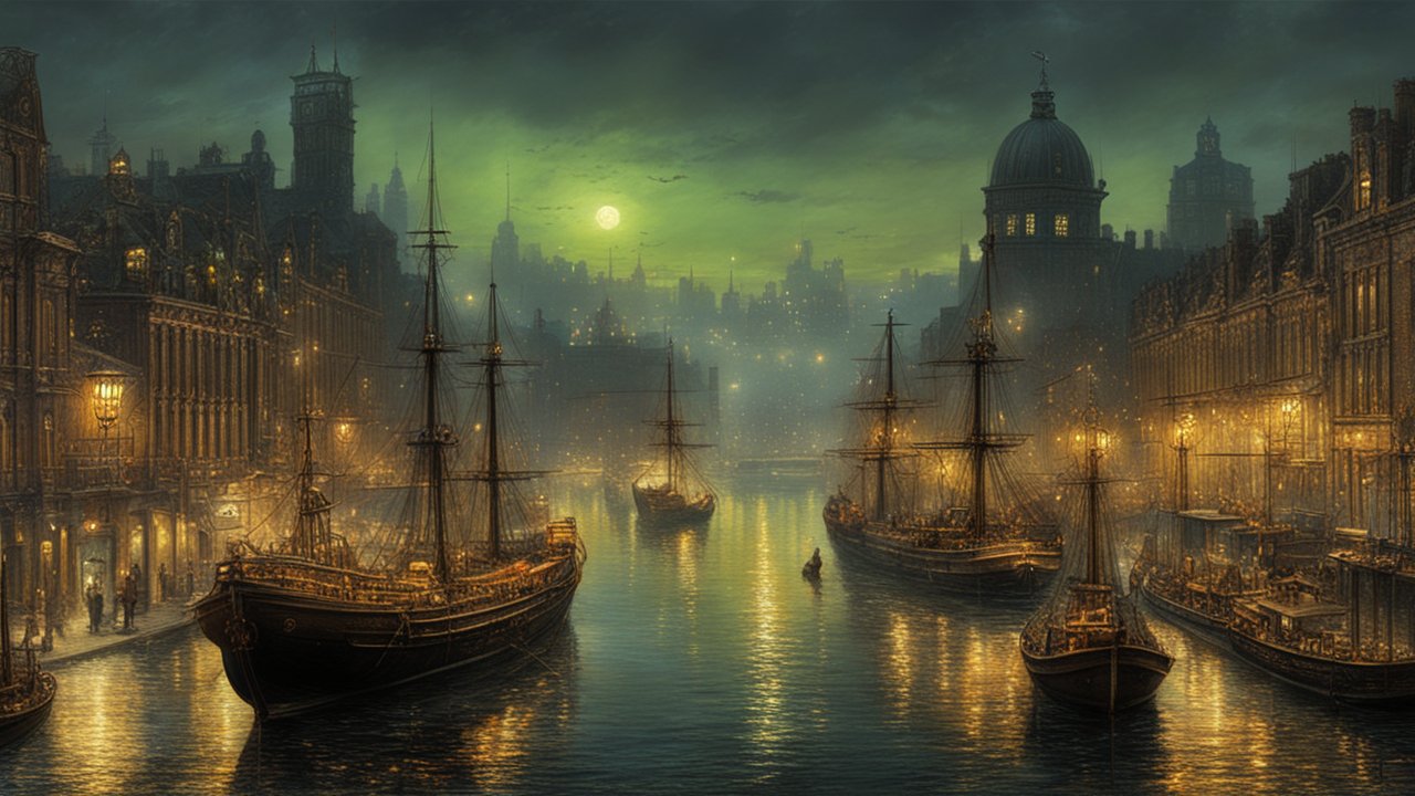 Historic City Harbor at Twilight with Sailing Ships