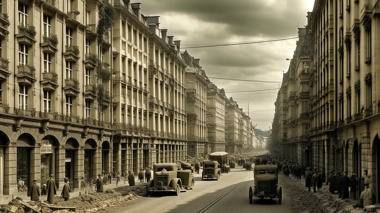 Historic City Street with Vintage Cars and Crowds