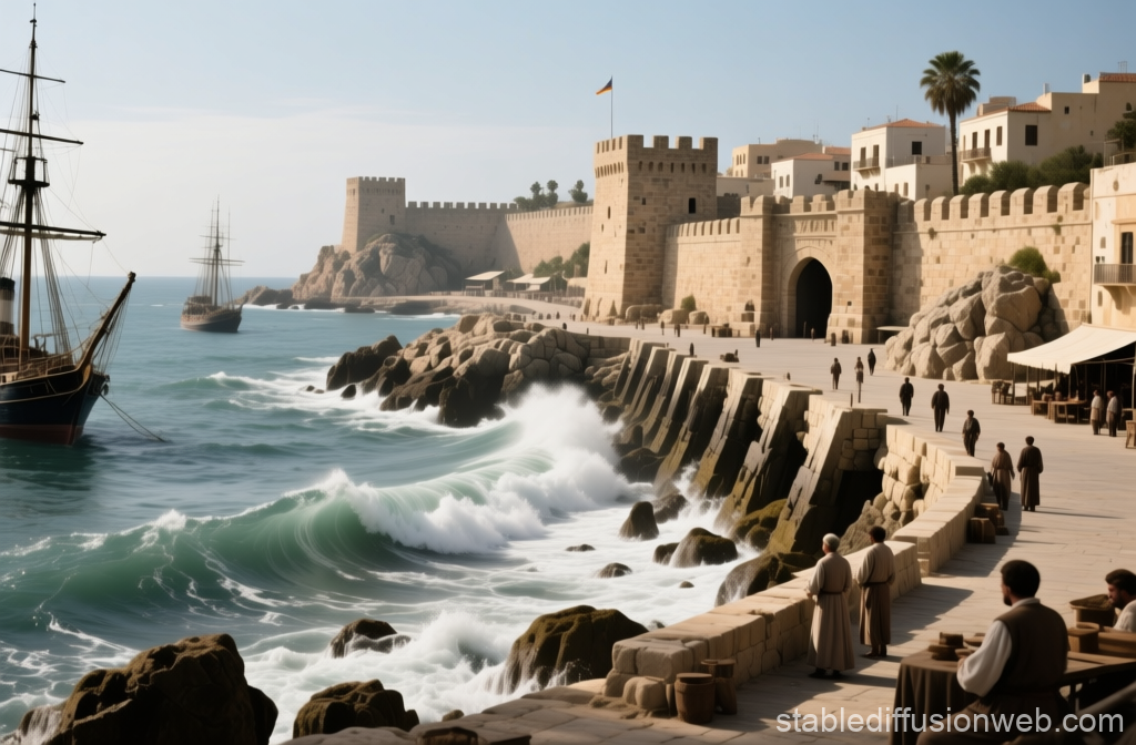 Historic Coastal Fortress with Sailing Ships and Waves