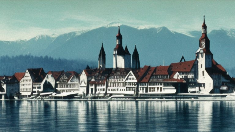 Historic Lakeside Town with Mountain Backdrop