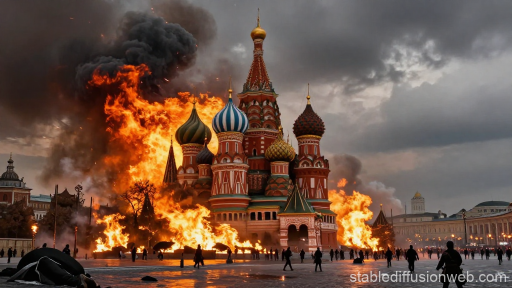 Historic Moscow Burning with St. Basil's Cathedral in Flames