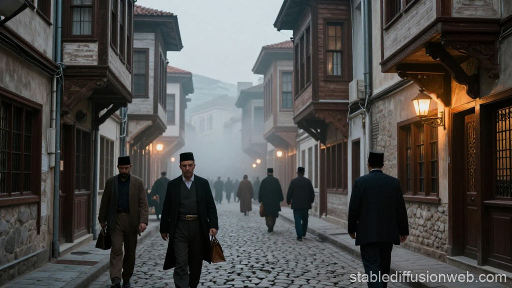Historic Ottoman Cobblestone Street with Traditional Attire