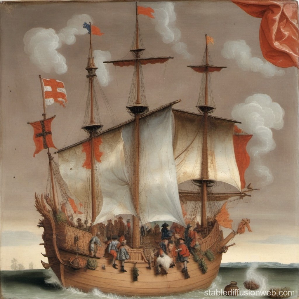Historic Sailing Ship with Crew and Flags