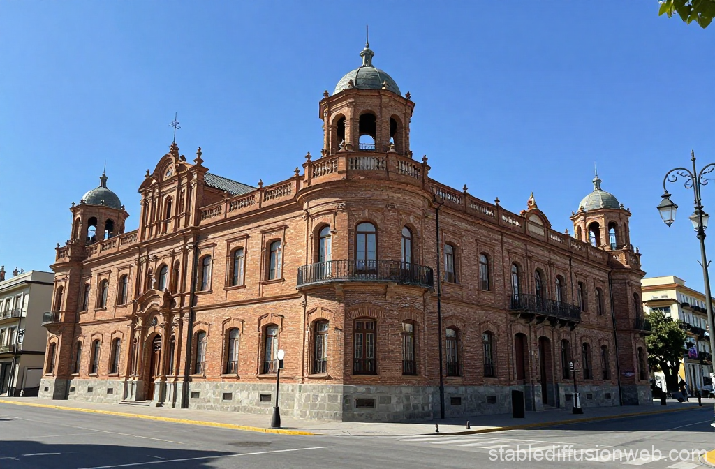 Historic Spanish Brick Building Under Clear Blue Sky