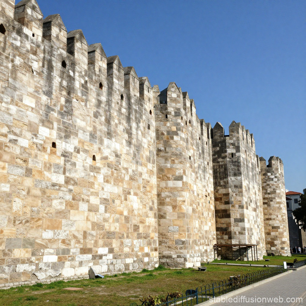 Historic Stone Walls of Constantinople Under Clear Blue Sky