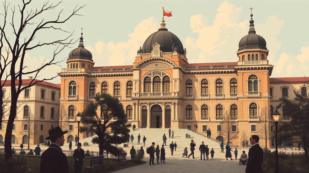 Historic University Building with People in Istanbul