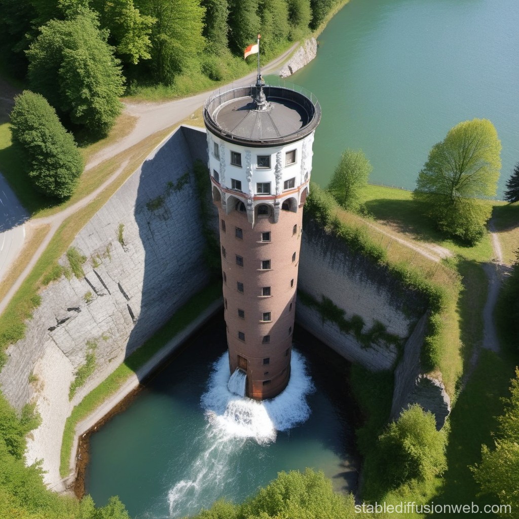 Historic Water Tower with Flowing Water in Scenic Landscape