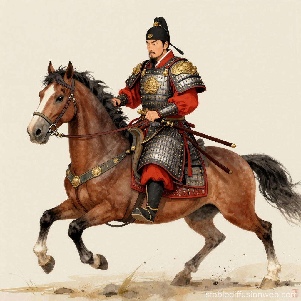 Historical Asian Warrior on Horseback in Traditional Armor