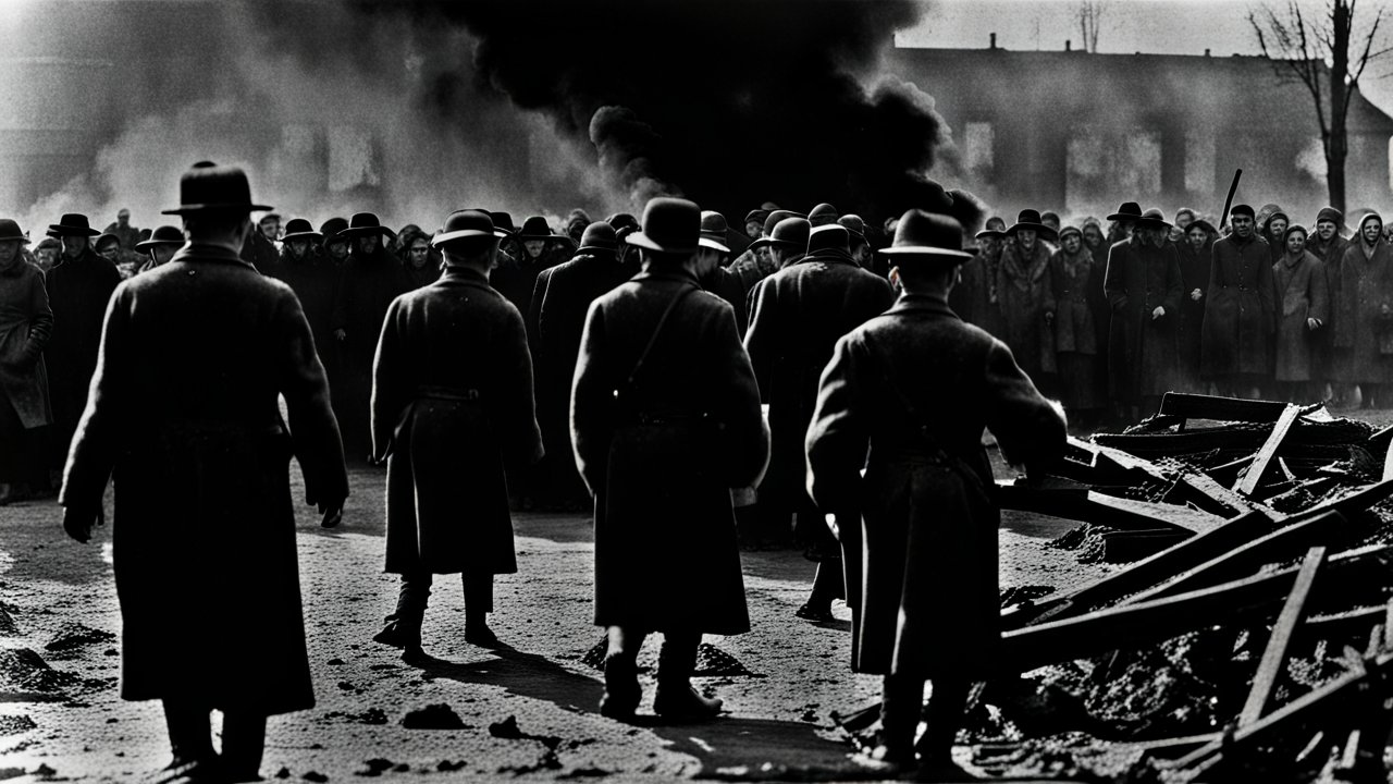 Historical Black and White Scene of Crowd and Smoke