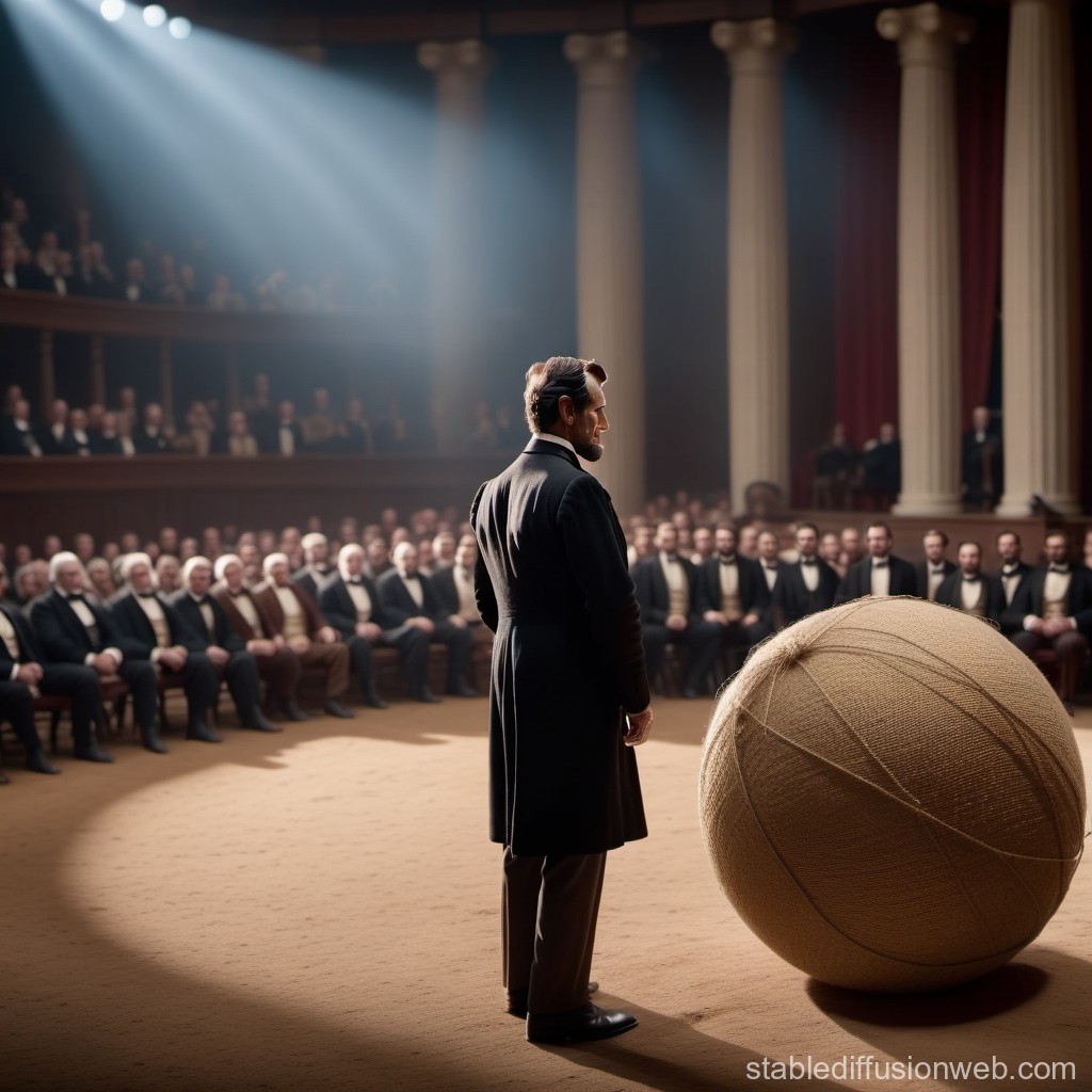 Historical Figure Addressing Crowd with Giant Yarn Ball