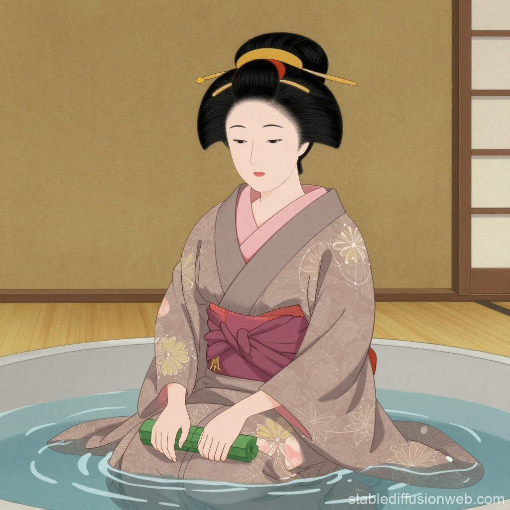 Historical Japanese Woman in Kimono Bathing