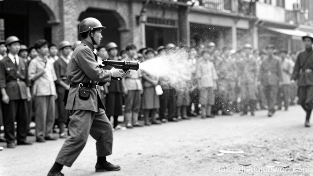 Historical Scene of Soldier Using Flamethrower in Crowd