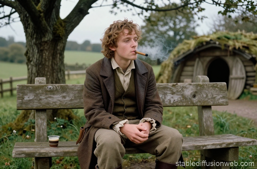 Hobbit Smoking Pipe on Wooden Bench in Countryside