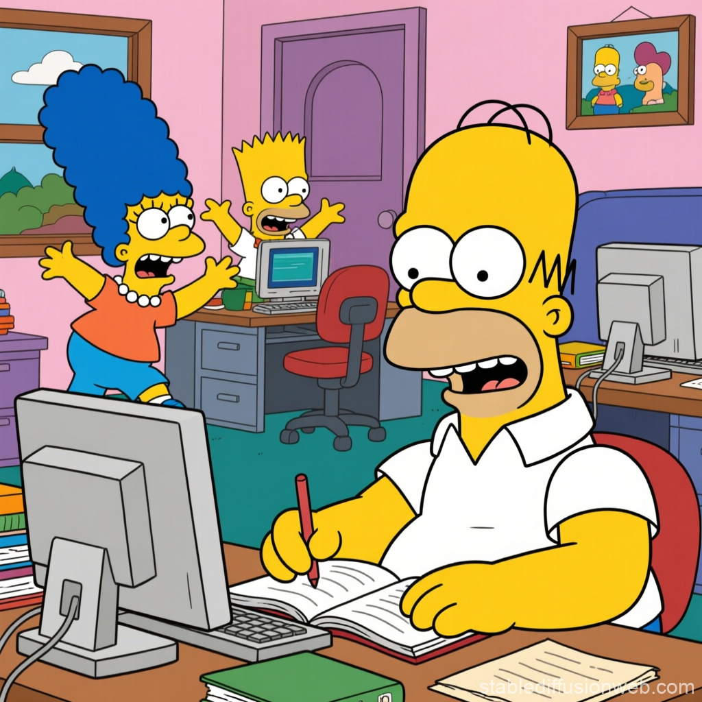 Homer Studying While Bart and Marge React in Office