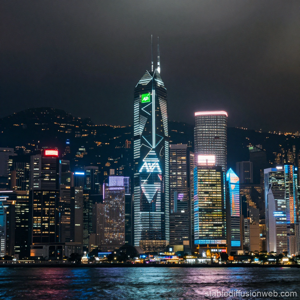 Hong Kong Night Skyline with Illuminated Skyscrapers