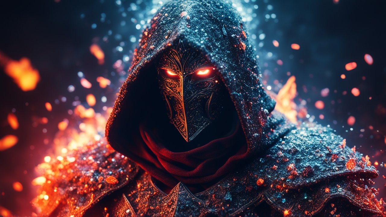 Hooded Marble Knight with Glowing Eyes in Fiery Atmosphere