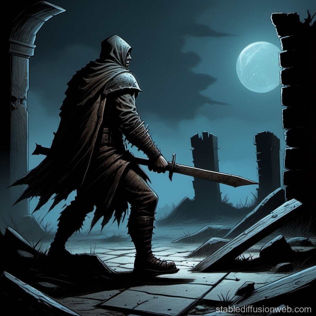 Hooded Warrior in Moonlit Ruins