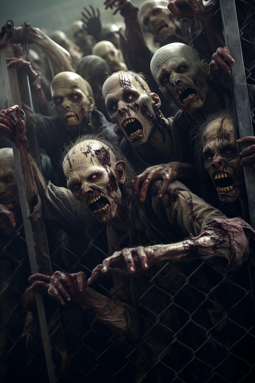 Horde of Terrifying Zombies Behind Fence