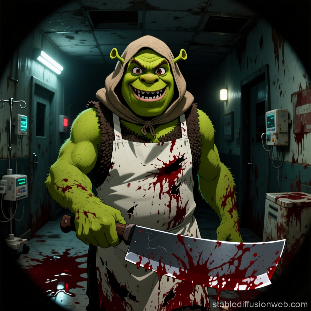 Horror Butcher Shrek in Bloodied Apron with Cleaver