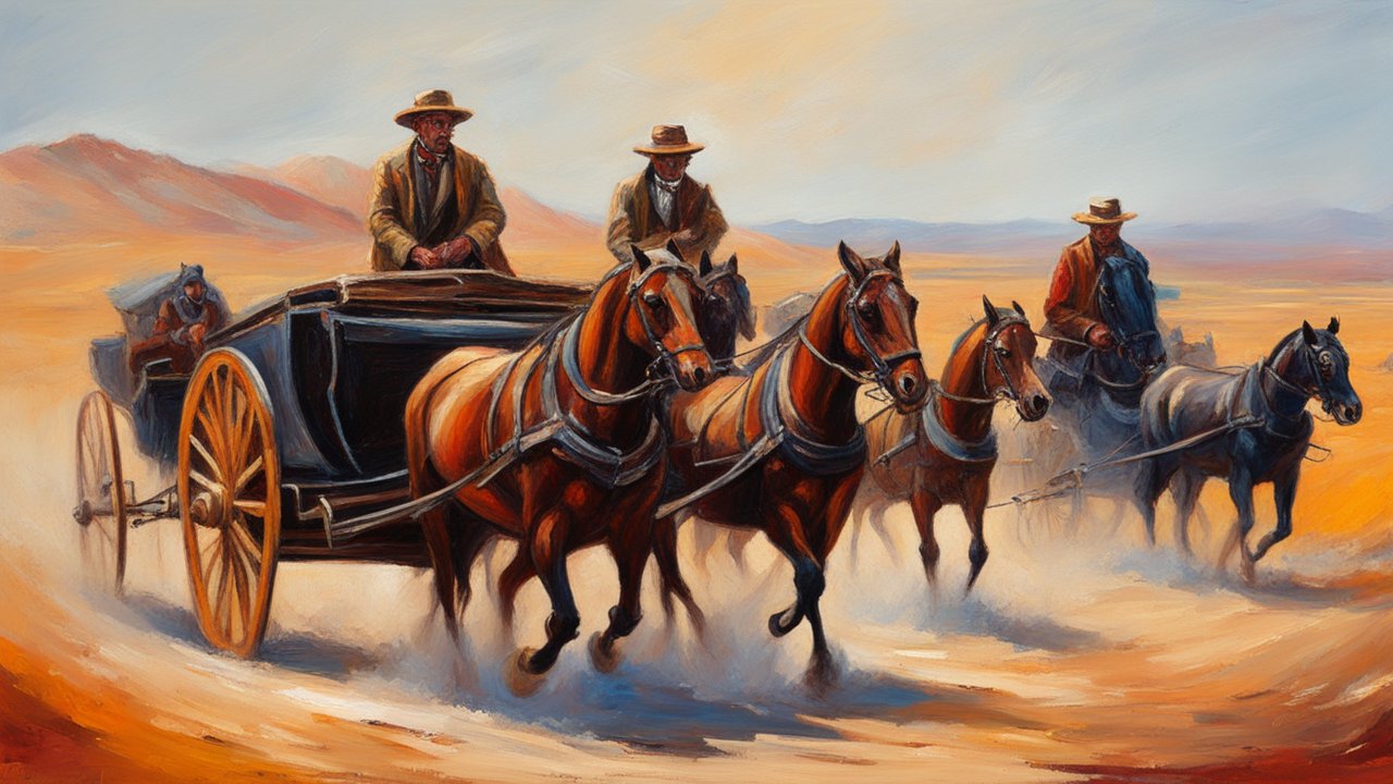 Horse-Drawn Carriages Racing Across Desert Landscape