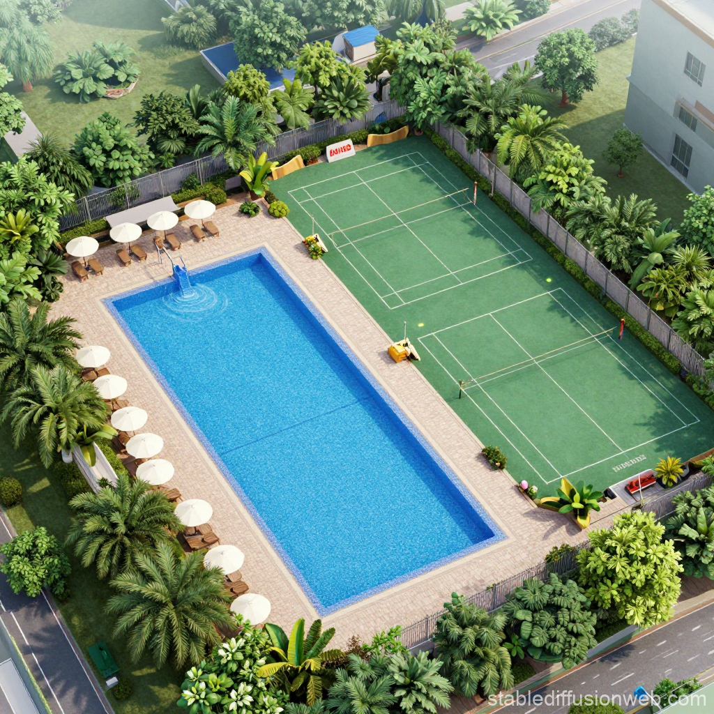 Hotel Outdoor Pool and Tennis Court Surrounded by Lush Greenery