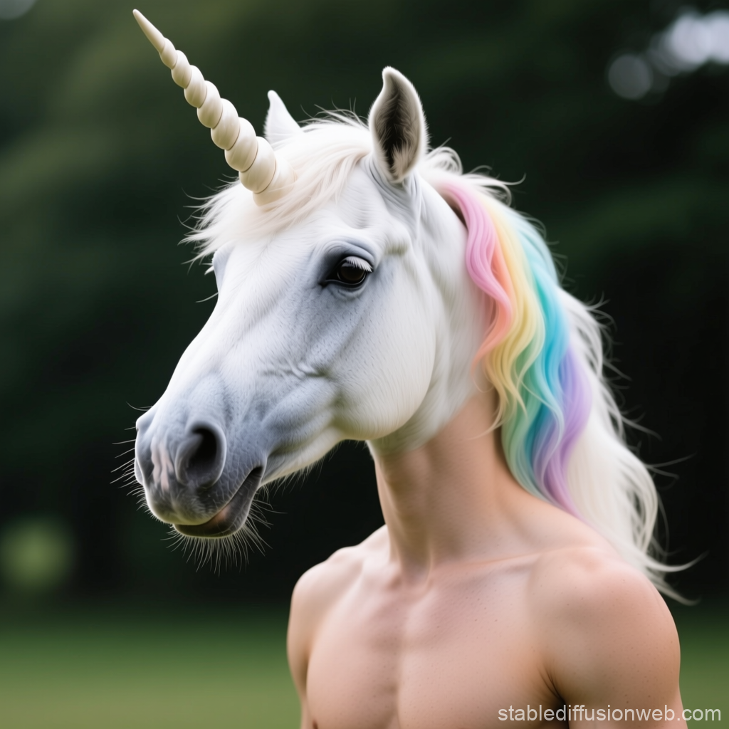 Human Figure with Realistic Unicorn Head and Rainbow Mane