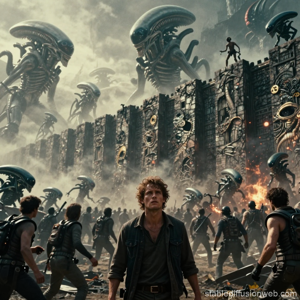 Human Wall Defending Against Giant Alien Invaders