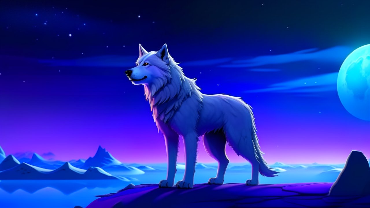Humanoid Arctic Wolf Standing Under a Starry Night Sky