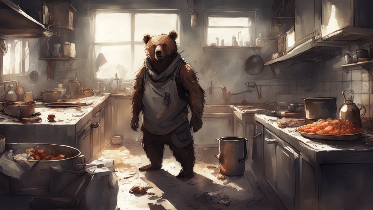 Humanoid Bear Scavenger in a Messy Kitchen