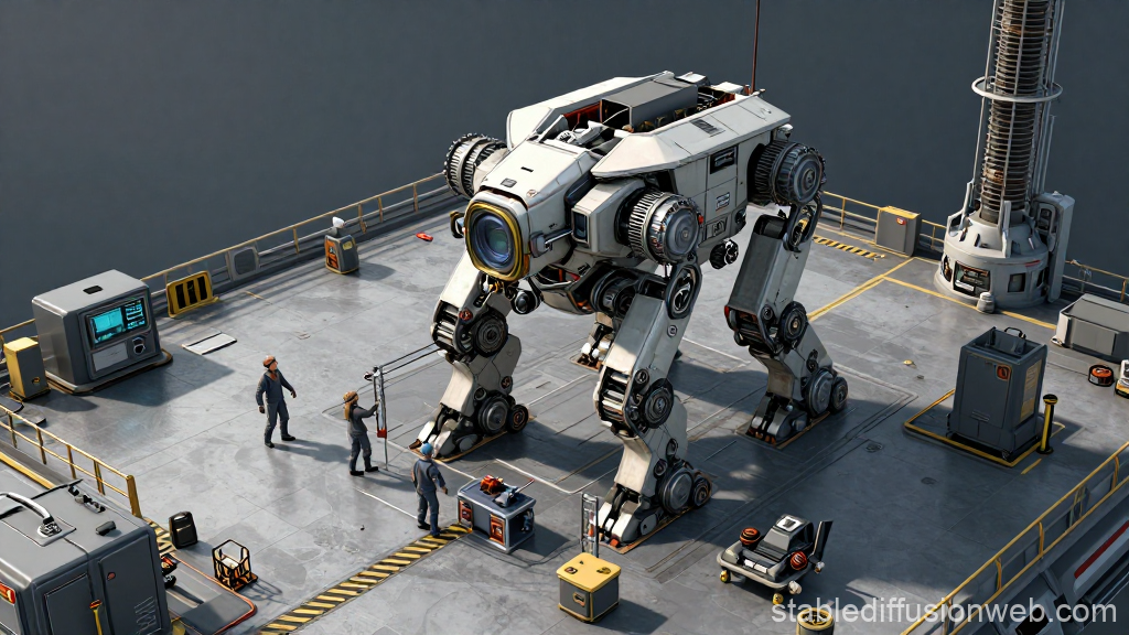 Humanoid Robot Maintenance Dock with Engineers