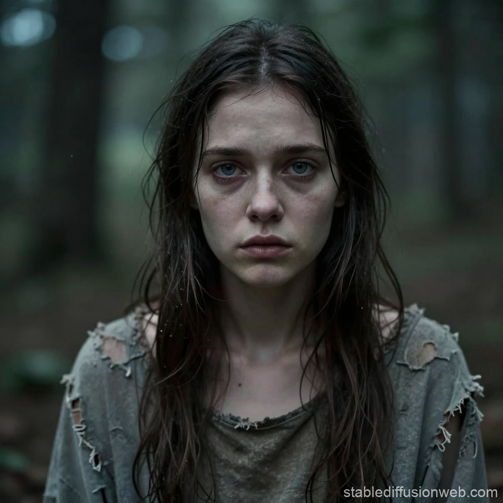 Hungry Woman in Tattered Clothes in Forest