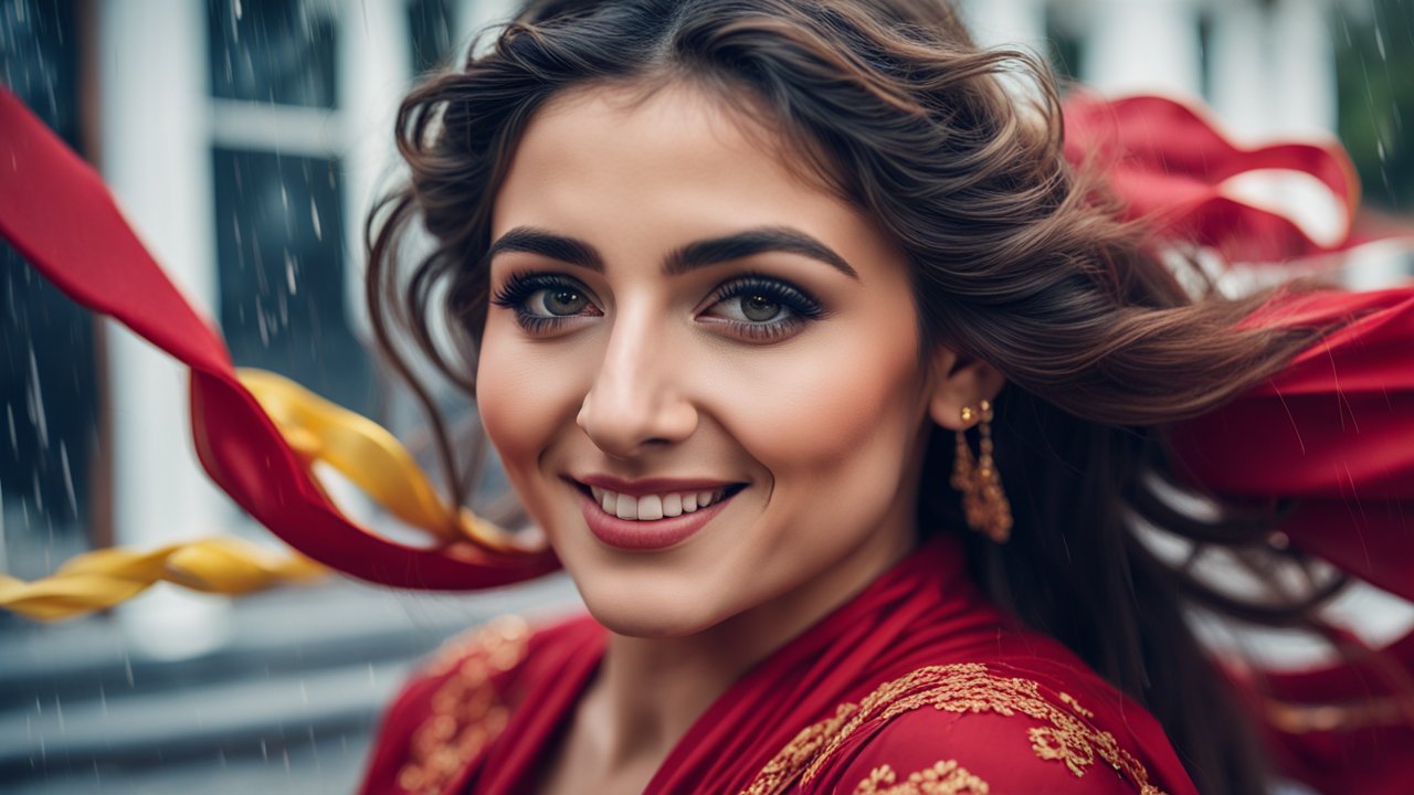 Hyper Realistic Close-Up Portrait of Smiling Woman in Red