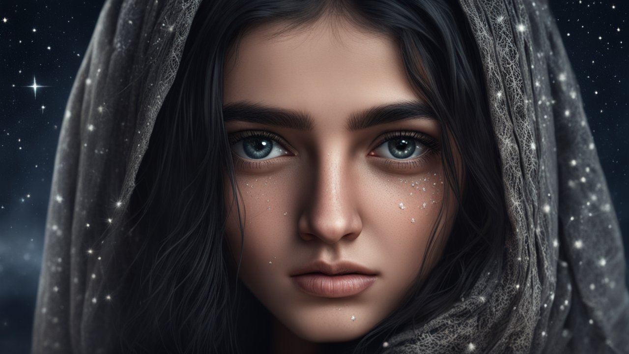Hyper Realistic Closeup Portrait of a Woman with Starry Veil