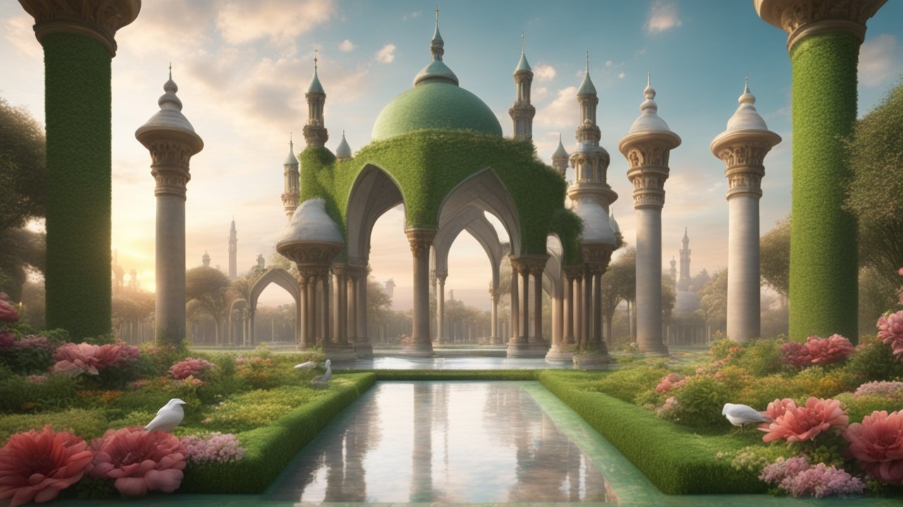 Hyper Realistic Garden Pavilion with Green Domes and Columns