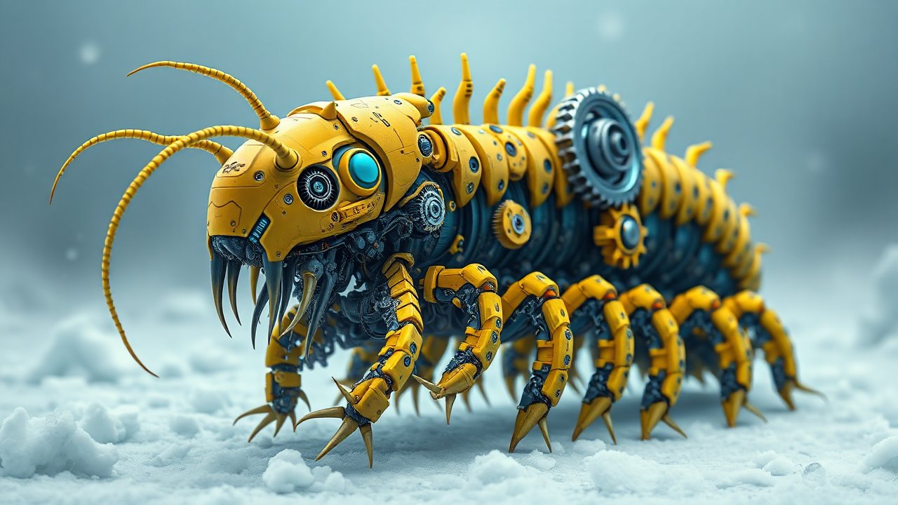 Hyper-Realistic Mechanical Centipede in Snow