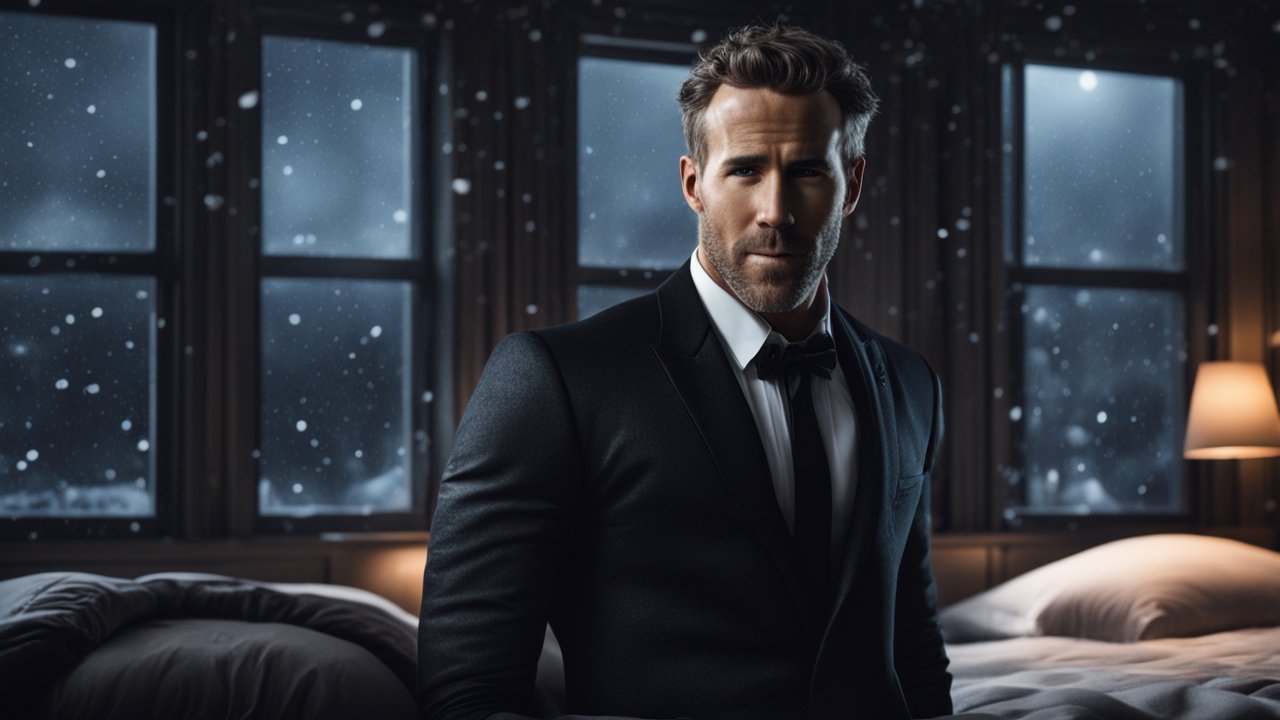 Hyper Realistic Portrait of a Muscular Man in Tuxedo by Snowy Window