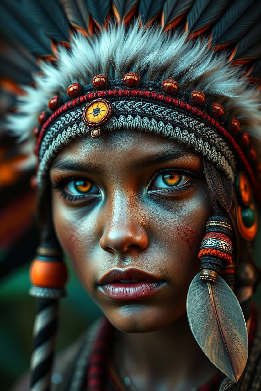 Hyper Realistic Portrait of a Tribal Woman with Feather Headdress