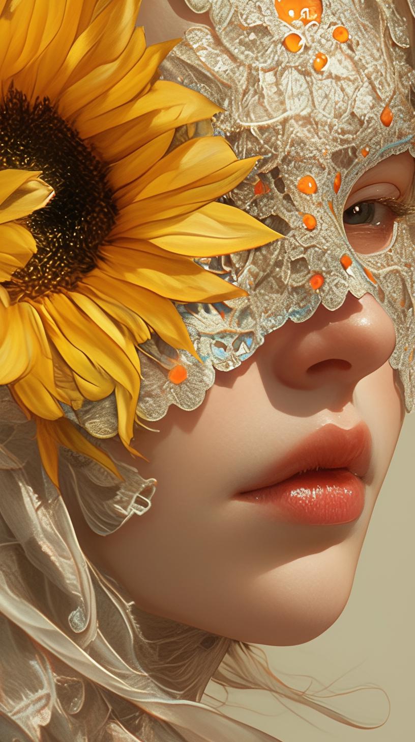 Hyper Realistic Portrait with Sunflower and Ornate Mask