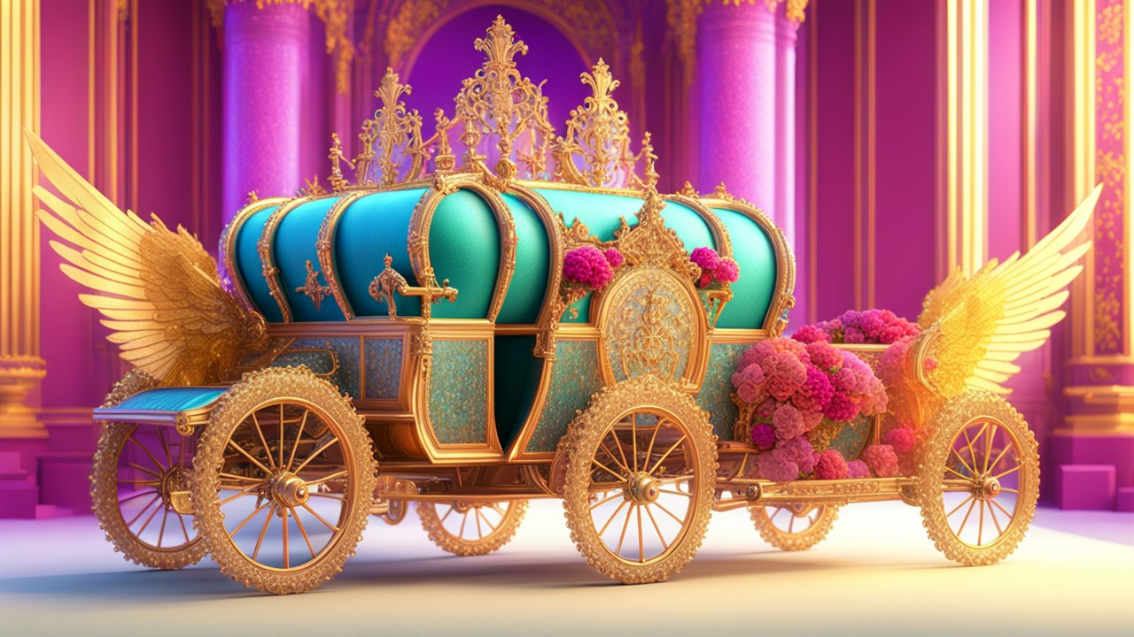 Hyper Realistic Princely Carriage with Ornate Gold and Blue Design
