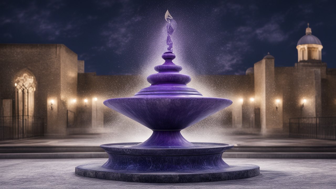 Hyper Realistic Purple Fountain at Night in Historic Courtyard