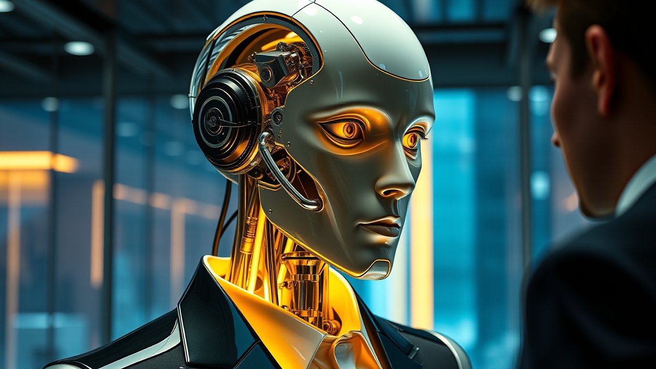 Hyper-Realistic Robot in Business Suit Facing Human