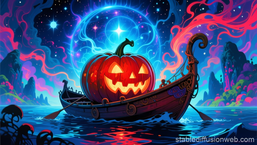 Hypercolorful Dreamscape with Glowing Jack-o'-Lantern on Boat