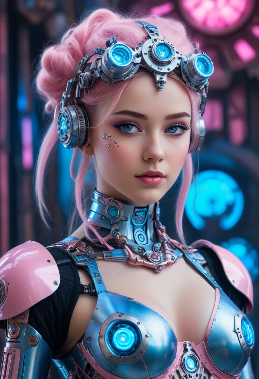 Hyperdetailed Cyberpunk Woman with Pink Hair and Futuristic Armor
