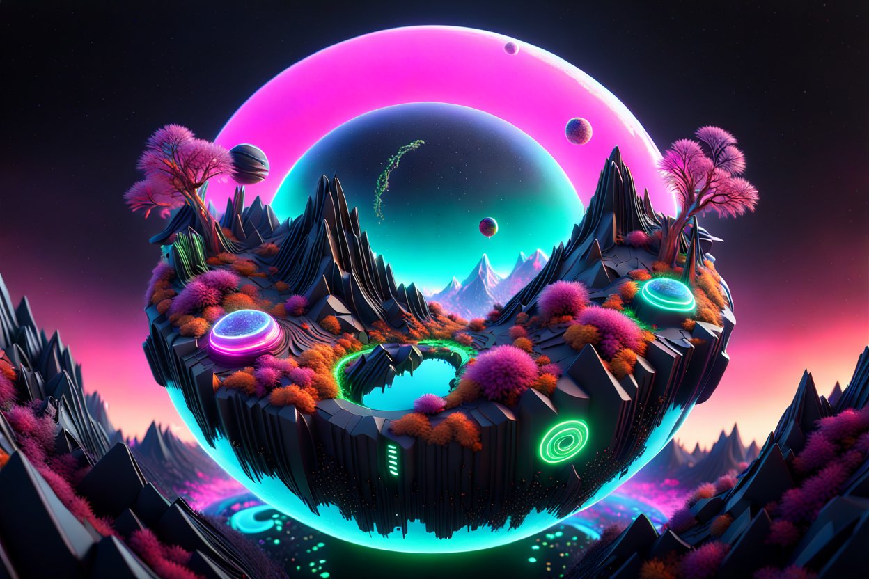 Hyperdetailed Floating Alien Landscape with Neon Flora