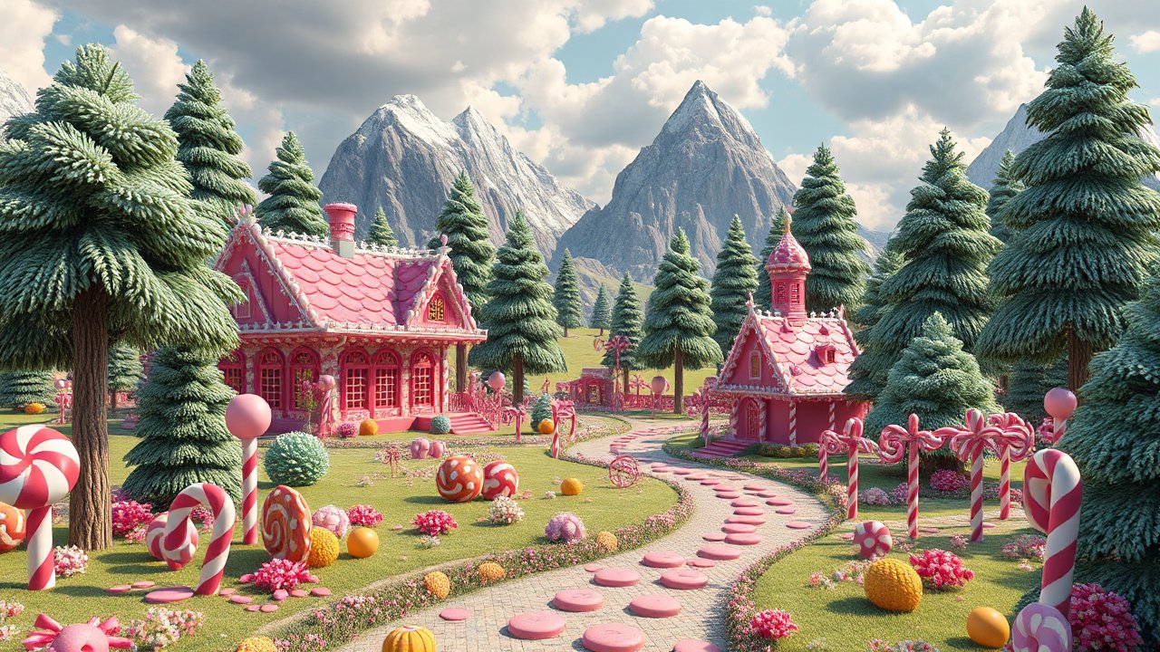 Hyperrealistic Candy Land Village with Mountain Backdrop