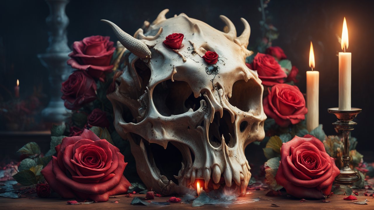 Hyperrealistic Dragon Skull with Red Roses and Candles