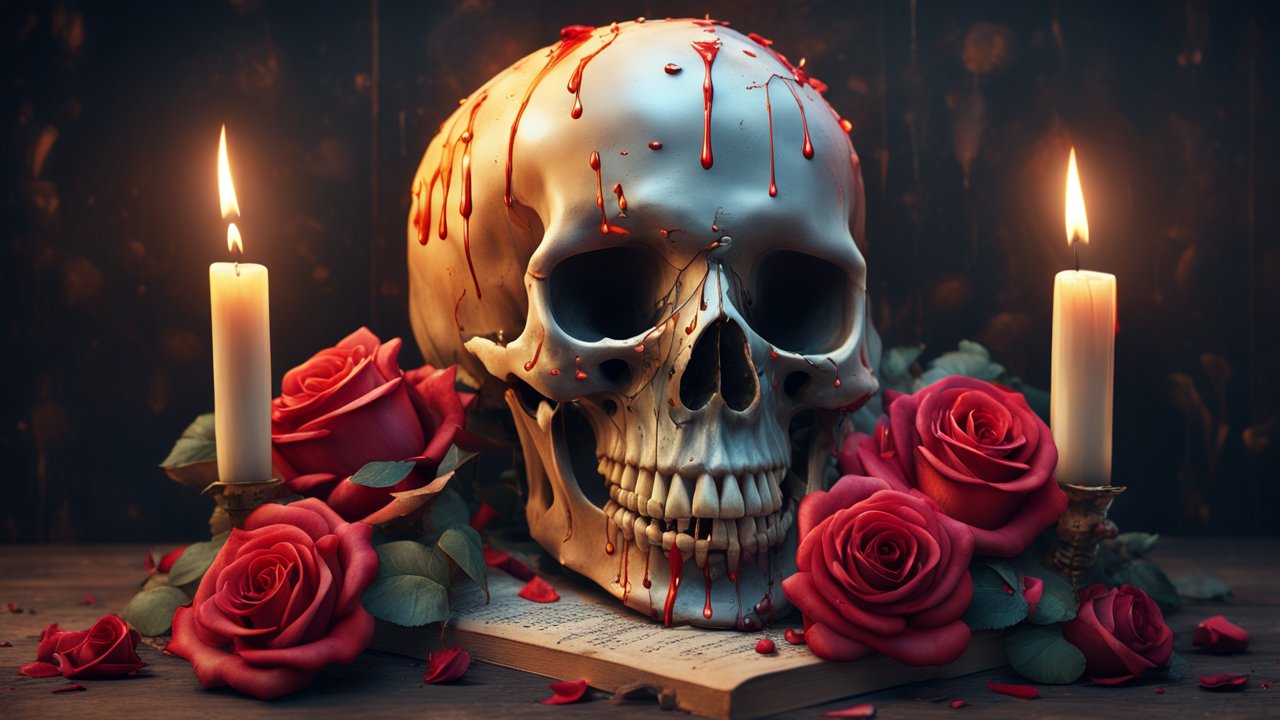 Hyperrealistic Human Skull with Blood and Roses