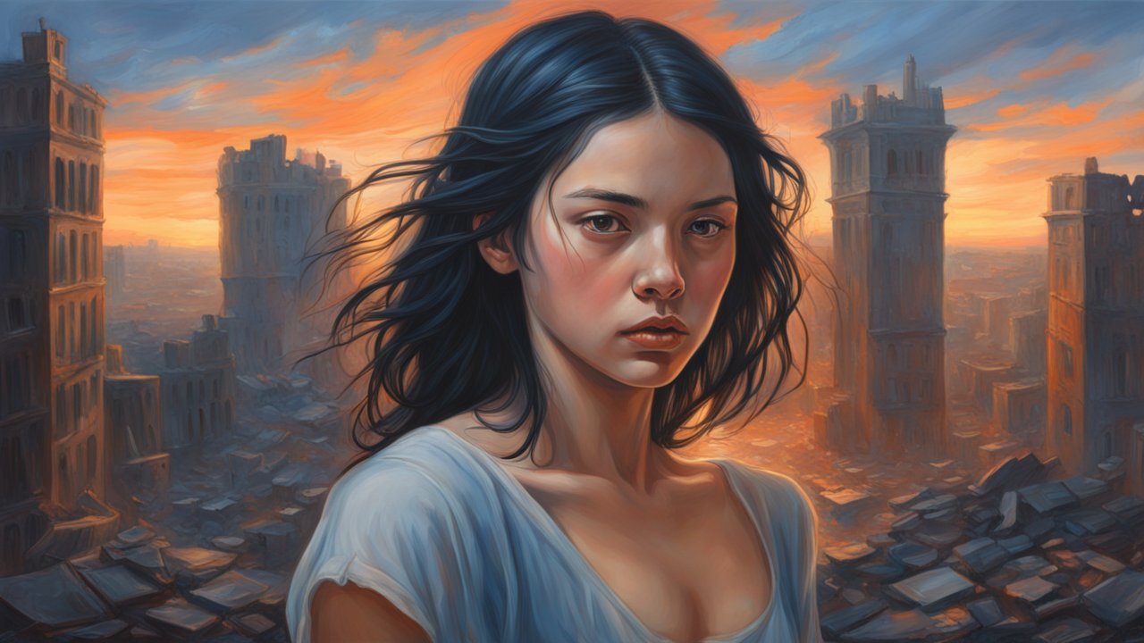Hyperrealistic Painting of a Woman in a Ruined City at Sunset